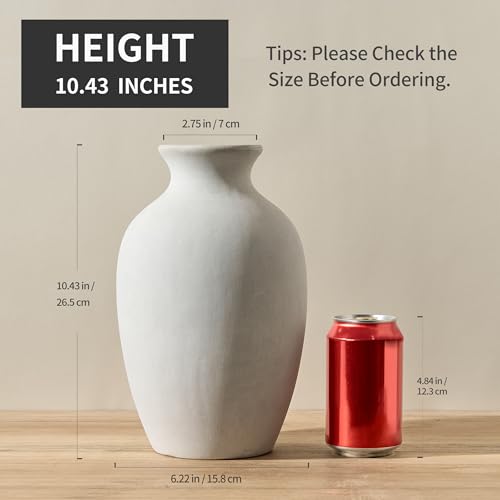 Large Ceramic Rustic Flower Vase, 10.43 Inch Tall Vintage Pottery Home Decor, Antique Farmhouse Terracotta Vase for Living Room, Shelf, Table, Mantel Decoration, Farmhouse - Off-White - color: Off-white- 10.43"