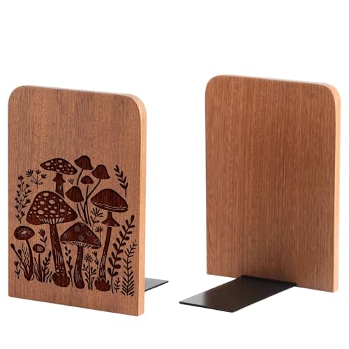 Mushroom Gifts, Mushroom Bookends, Bohemia Style Heavy Duty Wooden Bookends for Shelves Decorative(1 Pair, 4.72x6.69 Inches)