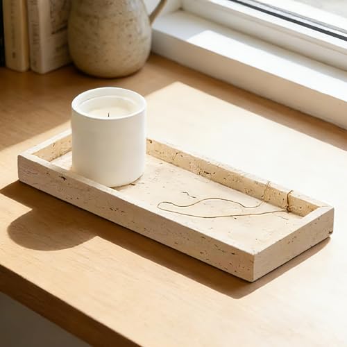 Natural Marble Tray, Stone Tray for Bedroom/Bathroom/Kitchen/Vanity Countertop, Jewelry Tray for Rings Earrings Necklace Bracelet Watch, Room Decor Aesthetic - color: Beige Travertine, size: 11.8" x 5.1" x 1.2"