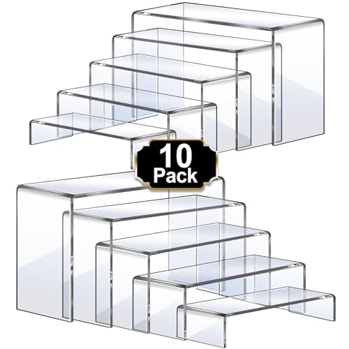 Aheroi Large Acrylic Risers, 10 Pcs 2 Set(7”L~8”L~9”L) Riser Display Shelf, Clear Rectangular Display Stands Set, Transparent Shelves for Decor, Showcase Holder for Cupcake