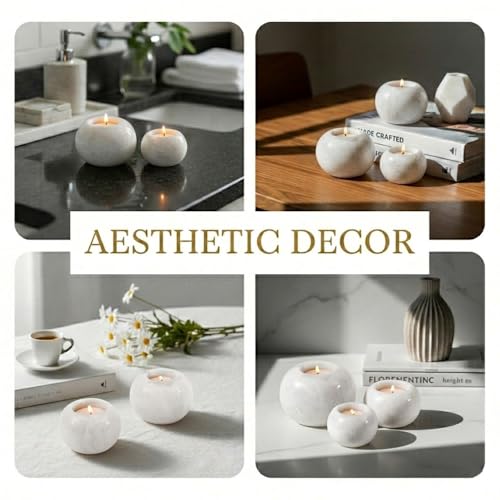 Radicaln Marble Tealight Candle Holder 4" Inches White Handmade Candle Accent for Home Decor, Ideal Set of 3 Small Marble Taper Holder for Table Centerpieces, Votive Candle Holder - color: White