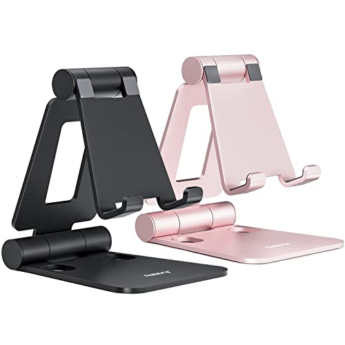 Nulaxy 2 Pack Dual Folding Cell Phone Stand, Fully Adjustable Foldable Desktop Phone Holder Cradle Dock Compatible with iPhone 17 16 15 14 13 12 Pro Max Xs Xr, All Phones, Black & Rose Gold - color: B-Black & Rose Gold