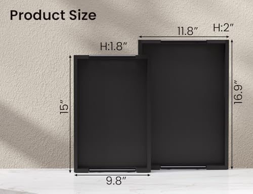 Fibogollo Bamboo Set of 2 Serving Tray with Metal Handles,Ottoman Decorative Trays Platter for Coffee Table,Living Room,Bar,Party(Black) - style: Black-Medium and Large Set
