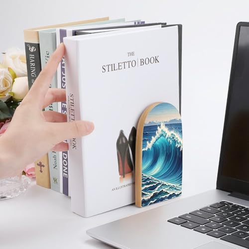 Blue Wave Art Bookends 1 Pair Heavy Duty Book Ends for Shelves Non-Skid Bookend Supports Wooden Book Holders with Metal Base Desk Organizers Books Storage to Hold Books