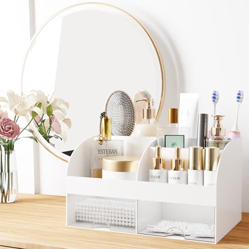 Makeup Organizer with Drawers, Cosmetic Storage for Dresser Vanity and Bathroom Countertop, Beauty Holder for Lipstick Brush, Skincare Organizer for Vanity, Cosmetic Display Case (White) - color: White