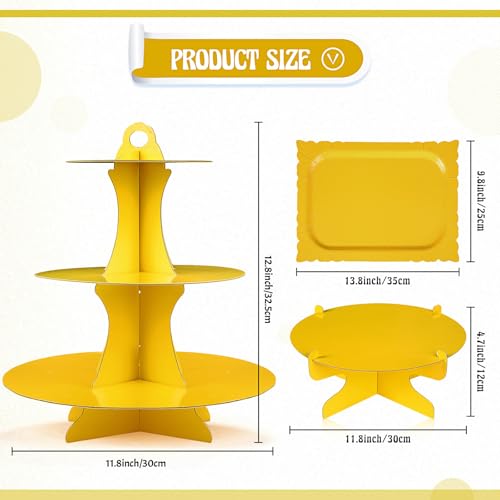 Zopeal 7 Pcs Dessert Table Display Set 3-Tier Cupcake Stand 1-Tier Cup Cake Display Tower Platters and Serving Trays Cardboard Cake Cookie Holders for Wedding Birthday Party Baby Shower(Yellow) - color: Yellow