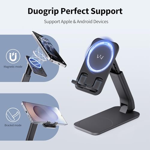 iWALK Magnetic Cell Phone Stand for Desk, Angle and Height Adjustable Mobile Phone Holder, Foldable Magnet Stand for iPhone 17 16 15 14 13 12 Pro Max and iPad, Cell Phone Holder for Samsung, Black - color: Black