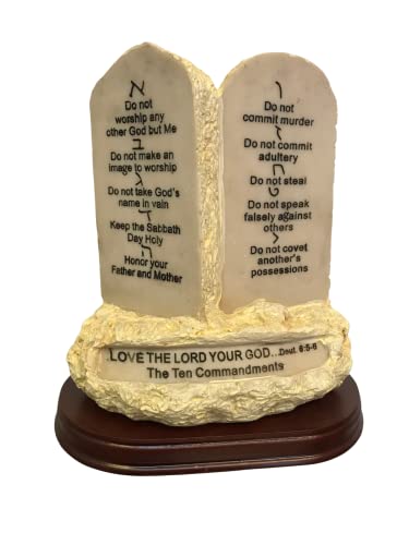 Ten Commandments Tabletop Decor Stone Replica Statue with Scripture On Wood Base - 7 Inches Tall The 10 Commandments Decor for Home or Office.