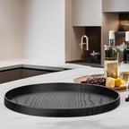 Round Solid Wood Serving Tray Extra Large Tea Coffee Snack Food Meals Serving Plate Non-Slip Kitchen Party Bar Server Ottoman Tray Breakfast Tray with Raised Edges (15inch/37.5cm) Black - size: 15"