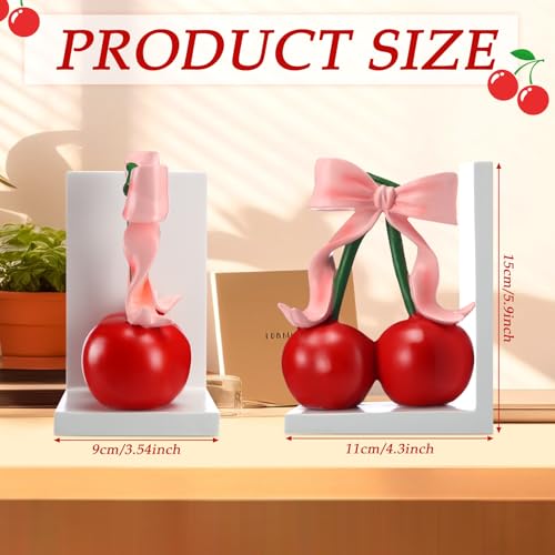 2 Pcs Pink Bow Cherry Bookends Wooden Pink Bookends Shelves Coquette Room Decor Cute Cherry Figurine Book Ends Bow Nursery Decoration for Bedroom Home Office Nursery Birthday Gift - style: Cherry