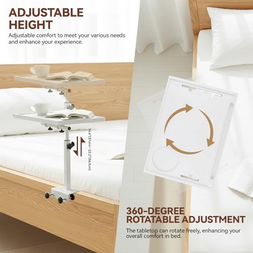 Bedside Shelf Rotating Foldable Tray:Adjustable Bedside Shelf for Bed, White,Bamboo Bed Side Tray Table with Sturdy Metal Pole, Fits Frames 0.7"-2.7" Wide, for Dorms, Apartments, Bedrooms