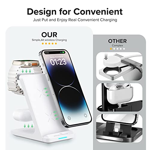 Wireless Charging Station, 3 in 1 Fast Wireless Charger Stand for Multiple Devices Apple Watch Ultra Series 11 10 9 8 7 6 SE 5 4 3 2, iPhone 17 16 15 14 13 12 11 Pro Max/Plus/Air/X/XS/XR/SE, Airpods - color: White