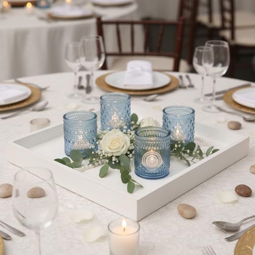 LETINE 16 Pcs Blue Votive Candle Holders, 4 Assorted Patterns Glass Tea Light Candle Holders for Table Centerpieces, Ideal for Spring Summer Wedding Table Centerpieces, Valentine's Day & Parties - color: Blue