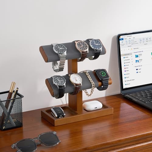 ProCase Wood Watch Display Stand Holder for Men, Wristwatch Tower with T-Bar Design, Hanging Watch Rack, Wooden Wrist Watch Tree - color: Brown, size: 2-Tier