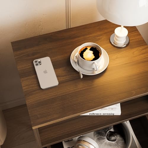 JOONEE Rattan Nightstand,Farmhouse Bedside Table with 2 Storage Drawer and Open Wood Shelf, for Bedroom and Small Spaces,Night Stand with Solid Wood Legs (Walnut Brown) - color: Walnut Brown