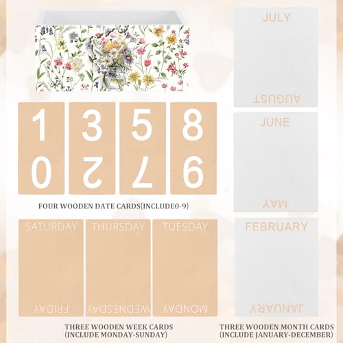 AceOrbit Wildflower Wood Block Perpetual Calendar Coquettish Farmhouse Desk Decor Cute Watercolor Wildflower Month Week Date Display Decorative Block Calendar Office Home Desk Gift for Women - style: Wildflower