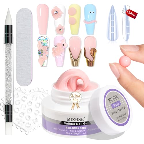 MIZHSE 3D Nail Art Gel Sculpting Gel, Solid Nail Builder Gels 2.1 oz 60g Nude Builder Hard Gels for Nails Non-Sticky for Extensions with 24pcs Dual Forms and Silicone Pen Nails Art Manicure Set - color: Nude