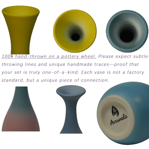 Handmade Ceramic Bud Vases Set of 3, Gradient Ombre Colors, Matte Frosted Finish, Teardrop Shape with Narrow Necks, Modern Minimalist Decor
