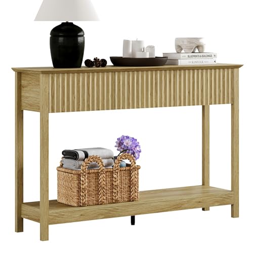 Treocho 47" Fluted Console Table with 3 Drawers, Narrow Long Entryway Table with Storage and Shelf, 2-Tier Sofa Table Behind Couch Accent Tables for Entrance Foyer, Hallway, Living Room, Oak - color: Natural
