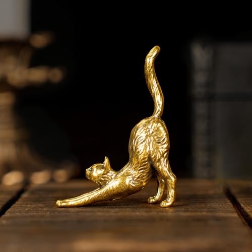 CHOVY Retro Seductive Cat Sculpture-Elegant Stretched Pose 100% Solid Brass Handcrafted - Ideal Home Decor Desk Ornament Collectible Art Piece Office Accent Artistic Scene Decoration - style: Seductive Cat