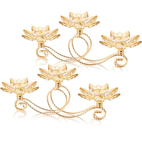 2Pcs Gold Kehail Crystal Metal Tea Light Candle Holder Set, 3-Arm Flower Shaped Crystal Votive Candlestick Holders for Table Centerpiece, Wedding Shower, Party and Home Decor - color: Gold, size: 2pcs-3 arm