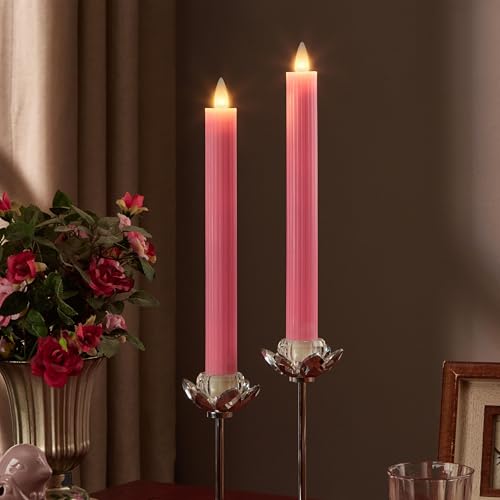 Flameless Taper Candles Flickering with Remote and Timer, 3D Moving Flame Taper Candle Battery Operated to 400 Hours, 9 Inch Window Candles, (Pink-Vertical Stripes) - color: Pink-Vertical Stripes