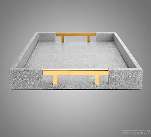 Home Redefined Modern Elegant 17.5"x12" Rectangle Glossy Grey Shagreen Faux Leather Decorative Tray Ottoman Coffee Table Perfume Kitchen Display Perfume Serving Tray with Gold Polished Metal Handles. - color: Grey/Gold