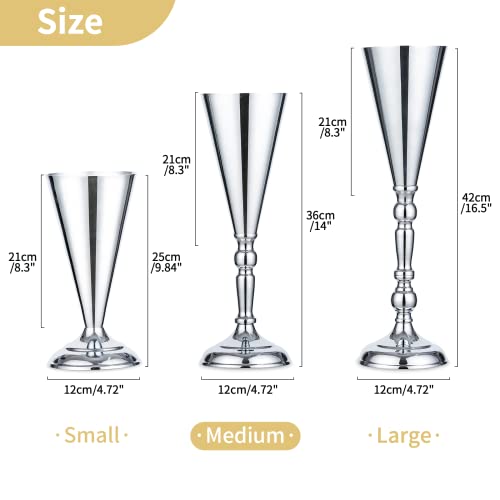 10 Pcs Tabletop Silver Metal Wedding Flower Trumpet Vase, 14 inch Table Decorative Centerpiece Artificial Flower Arrangements for Anniversary Ceremony Party Birthday Event Home Decoration (Silver) - color: Silver, size: 14 inch x 10 Pcs