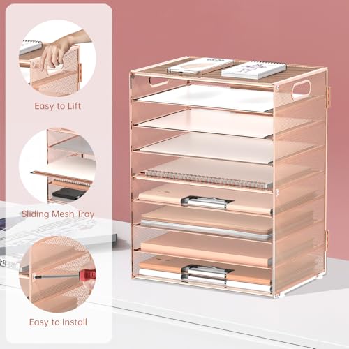 DALTACK 9-Tier Paper Organizer for Desk, Mesh Letter Tray Desk Organizer with Handles, Space-Saving File Organizer for Office Home School, Gold Rose - color: Desk Organizer Gold Rose