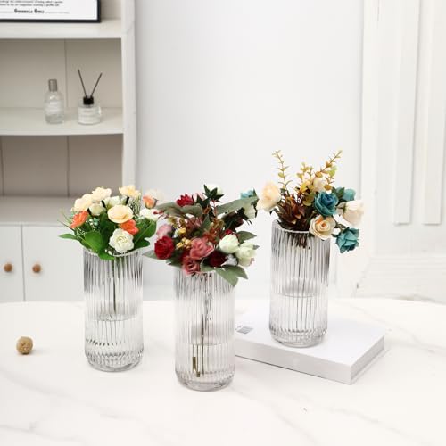 Clear Glass Vases, Flower Vases Set of 3, Ribbed Glass Vase for Tulips, Tall Cylinder Glass Vases for Living Room, Bedroom, Dining Table, Office, Wedding, Bookshelf Decoration, 8 Inches - color: Clear, size: 8'' X 3Pack