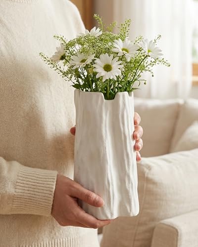 7.5 Inch White Ceramic Vase, Organic Nature Shape, OOSTONEE Boho Nordic Modern Style Small Flower Vase, Shelf, Home, Living Room, Coffee Table Centerpiece, Ceramic vases for Home Decor - color: White, size: Small