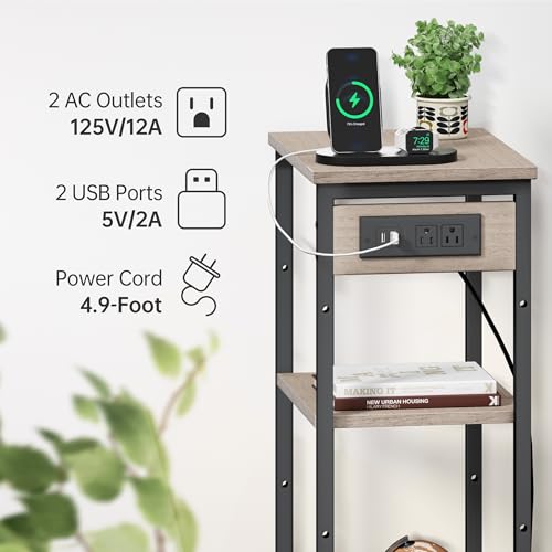 Asgolion Tall End Table with Charging Station, 3 Tier Narrow Beside Table with Adjustable Shelf, Tall Side Table Nightstand for Bedroom, Living Room Coffe Table, Office, Greige - color: Greige, style: With Outlet
