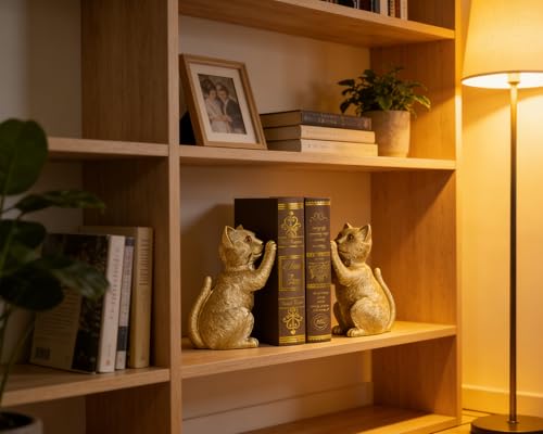 Gold Cat Bookends for Shelves, Heavy Duty Bookends, Decorative Bookends for Kids Books, Non-Skid Design, Gold Cat Statue Enthusiasts Gifts - color: Gold