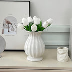 White Vase, Modern Ceramic Flower Vase for Home Décor, Wavy Edge Ribbed Design Pedestal Vases, Minimalism Flared Vases for Living Room Table Centerpieces (7.5" H x 4.5" W)