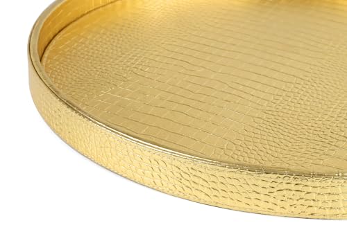 HofferRuffer Round Serving Tray 20'', Elegant Faux Leather Circle Ottoman Table Tray, Serve Tea Coffee Breakfast in Bedroom Living Room Kitchen (Gold, 20") - color: Gold, size: 20"