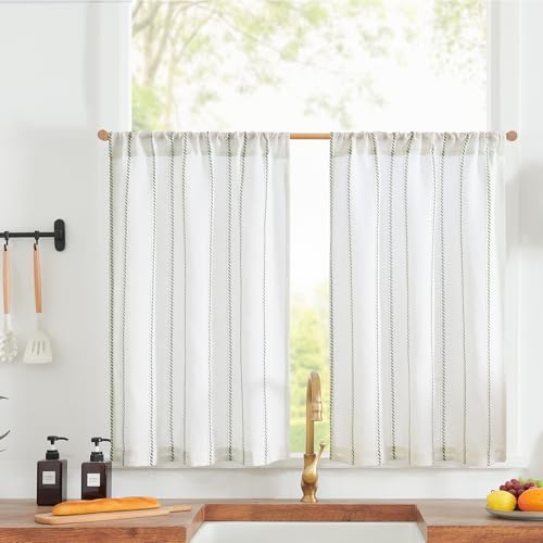 jinchan Linen Striped Kitchen Curtains Tier Cafe Curtains for Living Room Bathroom RV 24 Inch Farmhouse Rustic Half Window Treatment Light Filtering 2 Panels Green on White - color: Cottage Striped Green, size: 26"W x 24"L (Pack of 2)