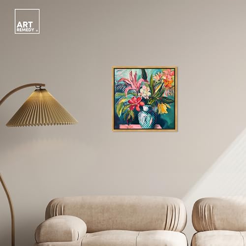 Art Remedy Vase Of Tropical Flowers Framed Flowers In Vase Paintings, 21.5" x 21.5", Gold Frame - color: Gold Frame, size: 21.5"L x 21.5"W