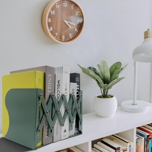 Adjustable Bookends Non Skid Decorative Bookends,Metal Bookend for Heavy Books,Bookshelf Organizer Holder for Books and Magazines for Desk(Green) - color: Green