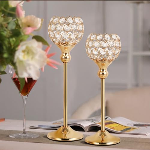 VINCIGANT 16PCS Gold Crystal Candle Holders Pillars for Wedding Decoration,Votive Crystal Candle Holders for Dinner Table Room Party Rhinestone Decorative - size: 16 pcs 13" & 15" Tall