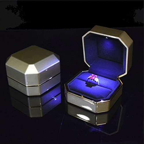 Luxury Ring Box, Square Velvet Wedding Ring Case Jewelry Gift Box with LED Light for Proposal Engagement Wedding, Gold - color: Gold, size: Ring Box