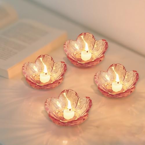 Glass Votive Candle Holders,Glass Seasoning Dishes,Cherry-Blossom Tea Bag Holders,Pink Flower Snack Dip Bowls,Set of 6 Tealight Pillar Trays for Party Housewarming Christmas Valentine Wedding Decor