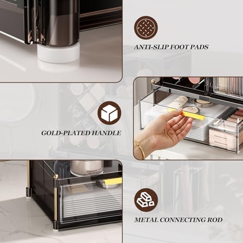 INVSSENE Stackable Makeup Organizer Countertop, Storage Perfume Skincare Cosmetic Lipstick Face Mask Makeup Brush Palettes, Ideal for Vanity Bathroom Counter - color: 3515 Coffee+Clear