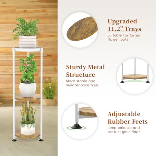 KMOTASUO 3 Tier White Plant Stand Indoor for Large Tall Heavy Duty Planter, Multiple Sturdy Metal Flower Corner Rack for Narrow House Floor, Iron Vertical Level Round Orchi Holder Organizer, Modern - color: White + Brown, size: 3 Tier