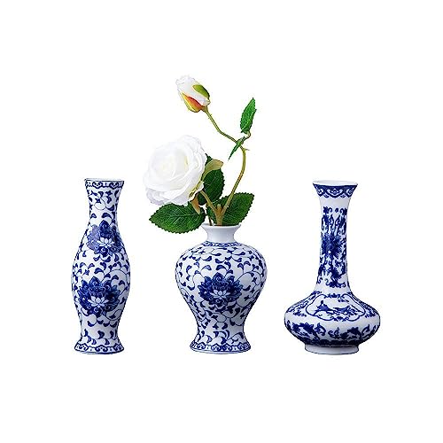 Set of 3 Small Blue & White Porcelain Vases, Fambe Glaze Porcelain Vases Set of 3, Classic Ceramic Flower Vases for Home Décor - color: Blue & White Porcelain Set