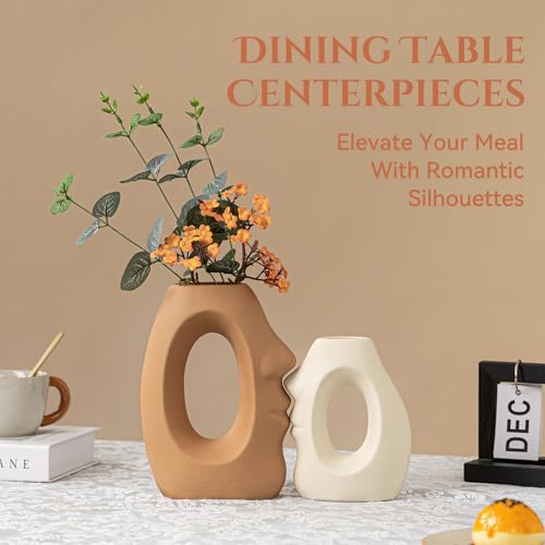 Beige & Brown Ceramic Vases for Home Decor, Modern Abstract Face Vase Set of 2, Unique Boho Flower Vases for Living Room, Office, Entryway, Wedding for Couple, Home Gifts for Friends - color: Art in the Kiss