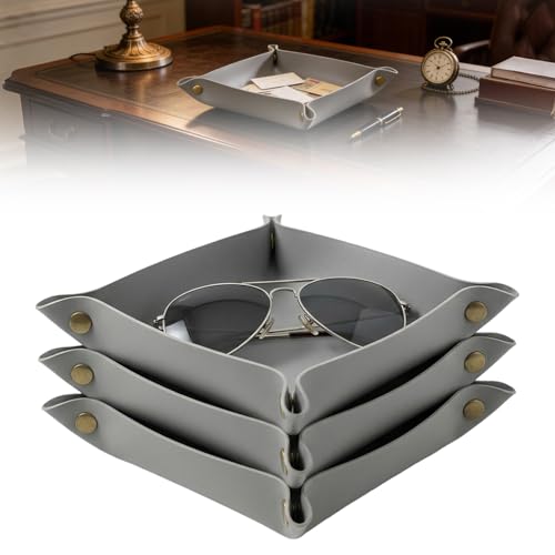 3 PACK PU Leather Jewelry Valet Tray Organizer, Foldable & Portable Catch All Bowl for Entryway Table, Nightstand, Desk & Travel | Storage Dish for Keys, Watch, Coin, Glasses (Grey) - color: Grey