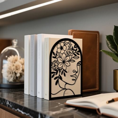 Peacoblue Metal Bookends for Shelves, Modern Decorative Heavy Duty Study Book Ends Stoppers for Office, Desk, Shelf, Room 5.3"x4.3"x7.9" Cast Iron Tall Bookends 1 Pair (Lines Flowers with Faces) - style: Lines Flowers With Faces