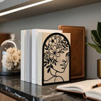 Peacoblue Metal Bookends for Shelves, Modern Decorative Heavy Duty Study Book Ends Stoppers for Office, Desk, Shelf, Room 5.3"x4.3"x7.9" Cast Iron Tall Bookends 1 Pair (Lines Flowers with Faces) - style: Lines Flowers With Faces