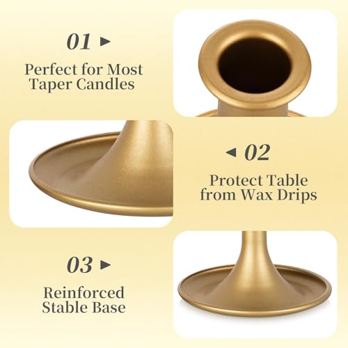Gold Taper Candle Holder Set of 6, Hewory Short Skinny Brass Candlestick Holders, Vintage Small Low Metal Candles Sticks for Wedding Centerpieces Christmas Birthday Party Holiday Dinning Table Decor - color: Gold-6pcs