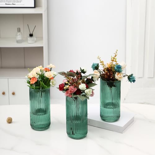 Green Glass Vases, Flower Vases Set of 3, Ribbed Glass Vase for Tulips, Tall Cylinder Glass Vases for Living Room, Bedroom, Dining Table, Office, Wedding, Bookshelf Decoration, 8 Inches - color: Green, size: 8'' X 3Pack